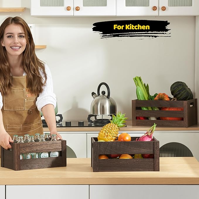 Wooden Crates 3 Pack, Nesting Handmade Wood Crates for Storage, No Installation Wooden Storage Box with Cutout Handle for Display & Decor, Brown