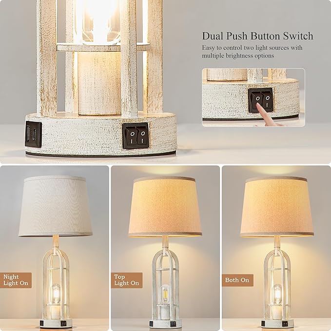Farmhouse Table Lamps for Living Room Set of 2 - Rustic Industrial Bedside Lamps for Bedroom Nightstand with Nightlight and USB A+C, 4 Bulbs Included