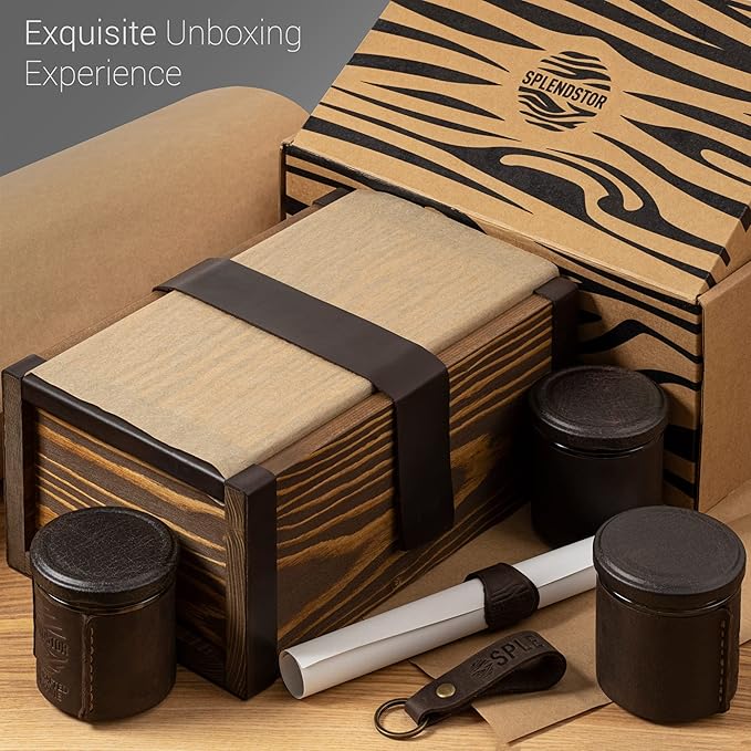 Large Kit - Wooden Storage Box with Decorative Tray & Pack of 3 UV Blocking and Airtight Glass Jars for Herbs/Accessories - Unique Portable Men Gift Set
