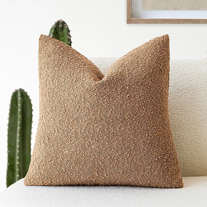 Foindtower Decorative Textured Boucle Throw Pillow Covers Accent Solid Pillow Cases Neutral Soft Cozy Couch Cushion Case for Chair Sofa Bedroom Living Room Home Decor 24 x 24 Inch,Tobacco