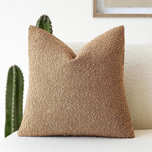 Foindtower Decorative Textured Boucle Throw Pillow Covers Accent Solid Pillow Cases Neutral Soft Cozy Couch Cushion Case for Chair Sofa Bedroom Living Room Home Decor 16x16 Inch,1PC,Tobacco
