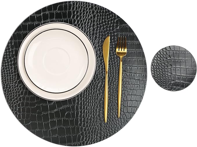 Round Leather Placemats for Round Tables Set of 8, Black Table Place Mats and Coasters, Washable Easy to Care for Indoor Decor 13" Diameter
