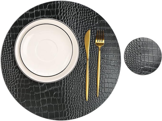 Round Leather Placemats for Round Tables Set of 6, Black Table Place Mats and Coasters, Washable Easy to Care for Indoor Decor 13" Diameter