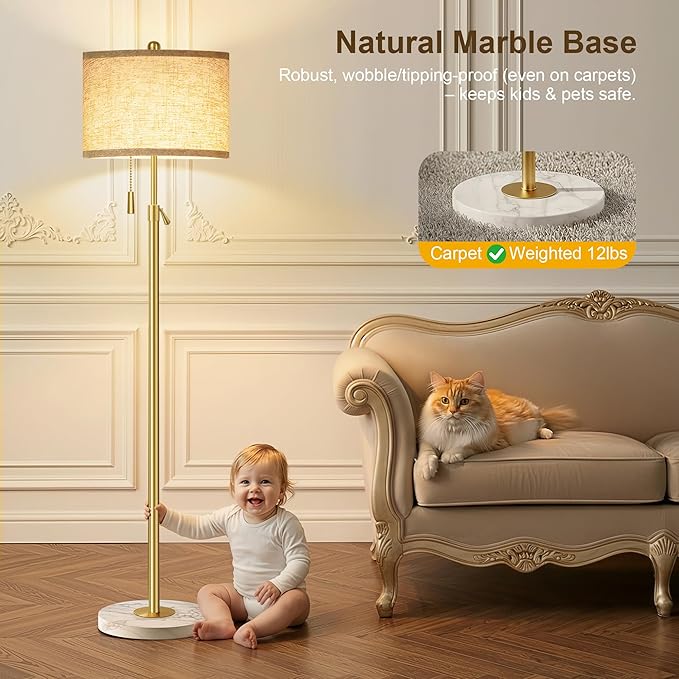 FUNNYBEHOM Modern Gold Floor Lamp for Living Room, Floor Lamp with Remote Control, Adjustable Height Standing Lamp with Marble Base & Linen Shade, Dimmable Tall Floor Light for Bedroom, Reading