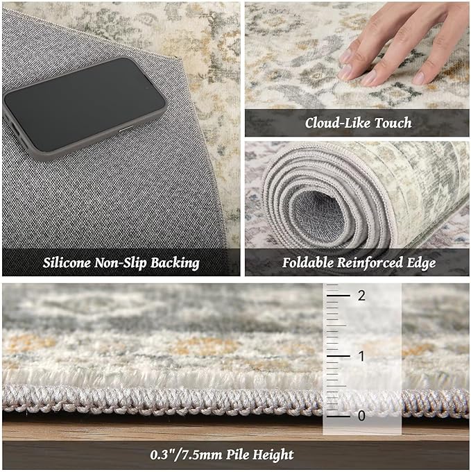 Washable 3x5 Entryway Rug, Boho Non-Slip Vintage Distress Small Rugs for Kitchen Nursery Office Bedroom, 0.3" Neutral Oriental Throw Thin Carpet with Cushioning Pad, Grey/Beige/Orange/Multi