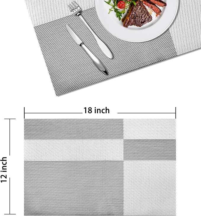 Placemats Set of 4 Vinyl Washable White Gray Placemats, 18"x12" Wipeable Heat-Resistant Non-Slip Easy Clean Table Mats Ideal for Dining Table Table Runner and Outdoor (4, White Square)
