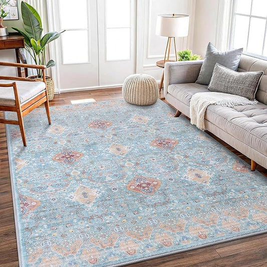 Vanmoos 4x6 Area Rug - Machine Washable, Non-Slip Soft Carpet for Living Room, Bedroom, Office, Dining Room - Durable Accent Rug for Farmhouse & High-Traffic Areas, Charm/Turquoise