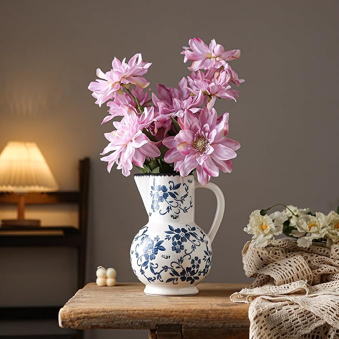 Blue and White Vintage Vase with Handle, Ceramic Chinoiserie Floral Pitcher Vase, Blue Large Vases for Home Decor Living Room, Rustic Table Centerpiece Grand Millennial and Tuscan Decor 8.7 Inch