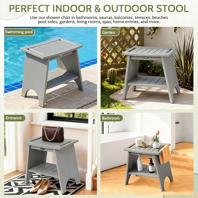 Shower Benches for Inside Shower, Shower Stool for Shaving Legs, 500lbs Shower Chair with Space-Efficient Storage Shelf, Waterproof Shower Seat for Spa Bathroom, Indoor or Outdoor Use(Grey)