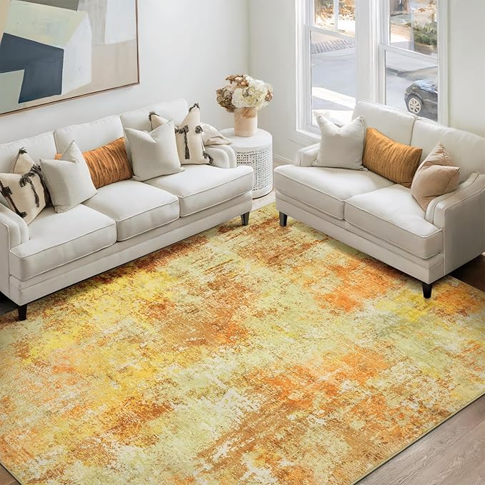 AREAMAY Washable Area Rug 5x7 - Neutral Modern Abstract Rugs, Soft Non Slip Thin Carpet with for Bedroom, Under Dining Room Table, Home, Office, Dorm, Office Rolling Chair - Yellow Brick