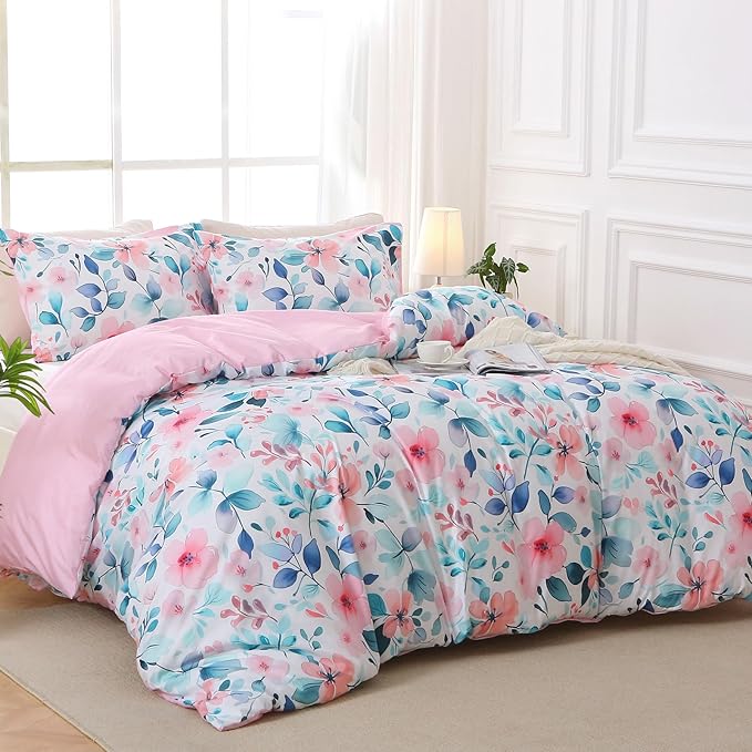 MUXHOMO Duvet Cover Queen Size, Reversible Floral Vintage Duvet Cover Set with Zipper Closure, 3 Pieces Botanical Patterns Soft Microfiber Bedding Set (90"x90", 2 Pillow Cases, Pink Blue Branch)