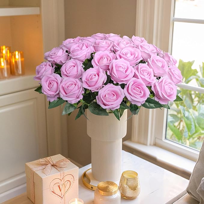 50 PCS Pink Roses Artificial Flowers, Fake Roses with Stem Realistic Silk Roses for DIY Wedding Bouquets Table Centerpieces Arrangements Baby Shower Birthday Home Decor Valentine's Day Gift for Her