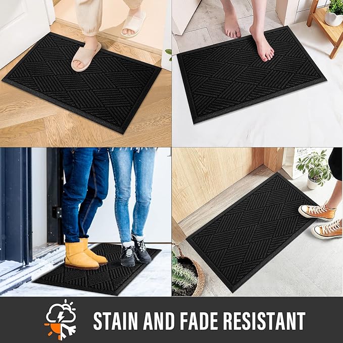 HIYARD Durable Front Door Mat, Absorbent Muddy Dirt Resist Welcome Door Mats Outdoor Indoor, Stain and Fade Resistant, Non-Slip Rubber Backing Low Profile Doormat for Entryway, 30×17, Black