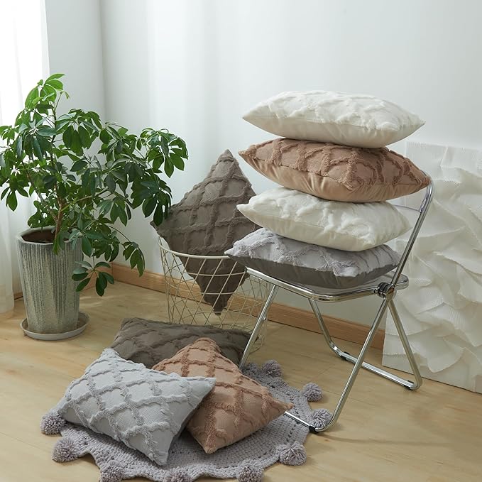 EMMTEEY Boho 12X20 Pillow Covers Set of 2 - Fluffy Stripe Single-Sided Embroidery with Soft Faux Fur, Boho Décor Pillow Case for Couch, Sofa Bedroom, White