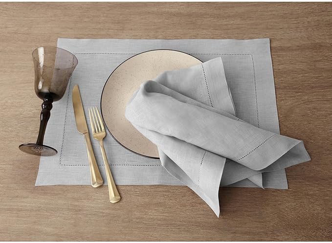 Solino Home Linen Napkins Set of 4 - Classic Hemstitch 100% Pure Linen Soft Grey Dinner Napkins Cloth 20 x 20 Inch for Winter, Spring, Easter - Handcrafted and Machine Washable