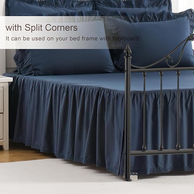Vlocemon Queen Size 14 inch Drop Navy Blue Dust Ruffle, 100% Lightweight Cotton Ruffled Bed Skirt, French Coutry Style, Lace Ruffled Bed Skirt with Split Corners