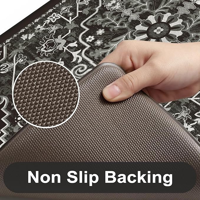 KIMODE Anti Fatigue Kitchen Mat Cushioned, Boho Distressed Kitchen Rugs Sets of 2, Non Slip Memory Foam Kitchen Mat for Floor, Standing Desk Mat for Laundry Office Sink 17.3"x29"+17.3"x59" Black