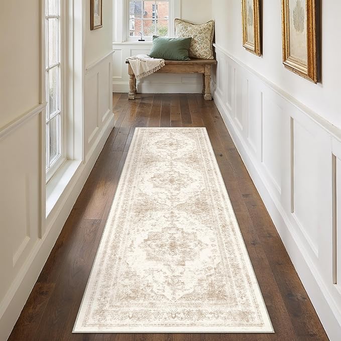 PureCozy Runner Rug 2x8 Cream Hallway Washable Beige Carpet Non Slip Vintage Medallion Beige Carpet Low Pile Soft Distressed Retro Indoor Long Rug for Entryway Kitchen Bathroom Laundry Bedroom