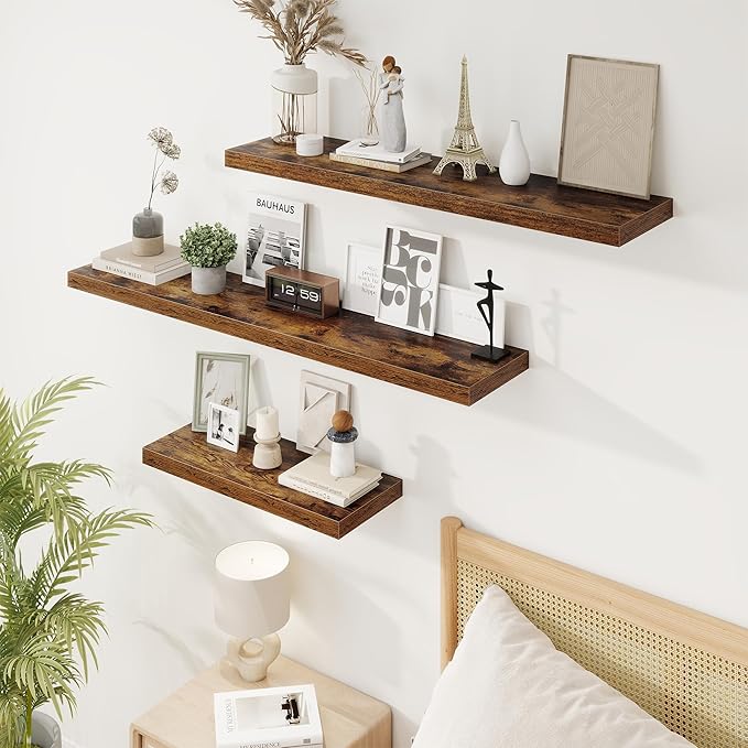 Marsmiles 16in Floating Shelves for Wall, 16" W x 9.25" D x 1.25" H, 2 Pack Long Wall Mounted Engineered Wood Shelves with Invisible Brackets, Rustic Brown