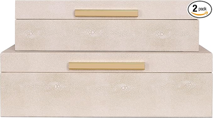 Hanna Roberts Faux Leather Stackable Nesting Jewelry Box with Lids Organizer – Set of 2 Beige Shagreen Decorative Storage Boxes with Gold Metal Handles