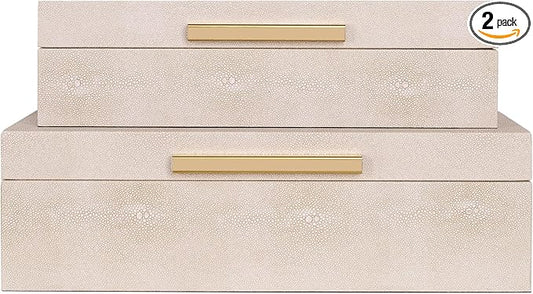 Hanna Roberts Faux Leather Stackable Nesting Jewelry Box with Lids Organizer – Set of 2 Beige Shagreen Decorative Storage Boxes with Gold Metal Handles