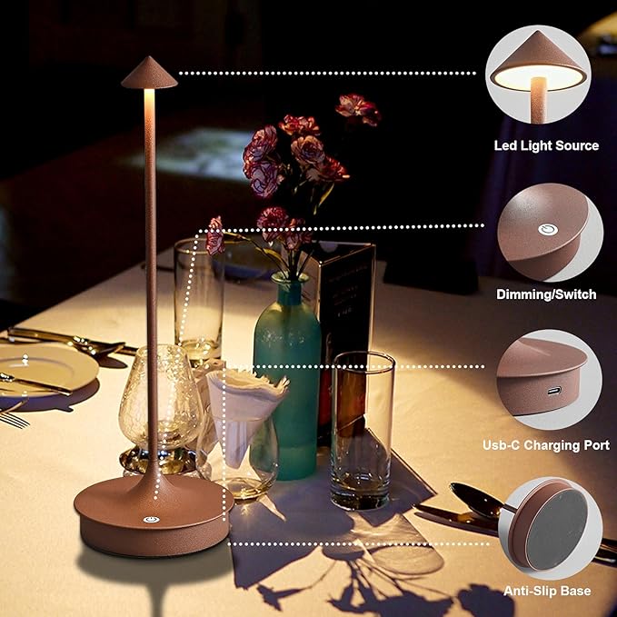 Cordless Table Lamps Rechargeable, LED Desk Lamp 4000mAh Battery Operated Outdoor Waterproof Portable Touch Dimmable Table Light for Patio/Restaurant/Bar/Indoor (Brown-1PC)