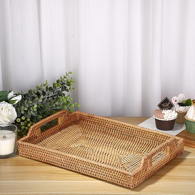 Hipiwe Rattan Serving Tray with Handles Hand-Woven Decorative Tray for Storage Breakfast, Drinks, Snack,Rectangular Basket Organizer Tray for Coffee Table, Home Decor (Large)