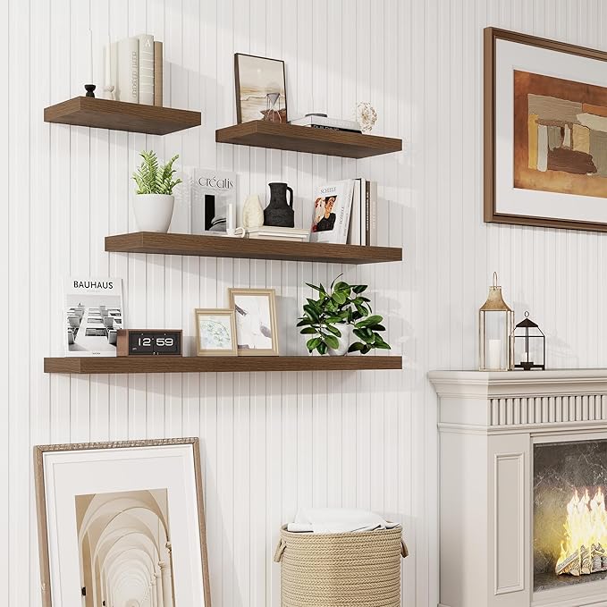 30in Floating Shelves for Wall, 30"W x 9.25"D x 1.25"H, 2 Pack Long Wall Mounted Engineered Wood Shelves with Invisible Brackets for Living Room, Bedroom, Bathroom, Kitchen Decor and Storage, Walnut