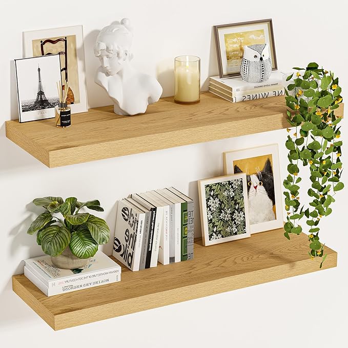 Vivelove 12 Inch Deep Floating Shelves 35.4 inch Long, Thick Wall Shelves with Invisible Brackets, for Bedroom Bathroom Living Room Kitchen Office, Rustic Farmhouse Decor, 35.4x12x1.5 Set of 2, Oak