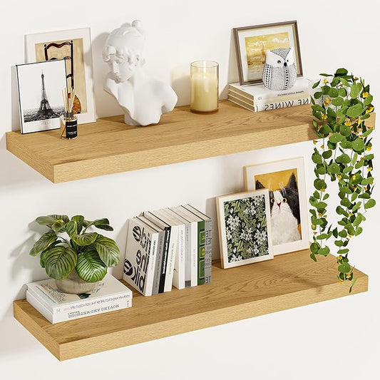 Vivelove 12 Inch Deep Floating Shelves 35.4 inch Long, Thick Wall Shelves with Invisible Brackets, for Bedroom Bathroom Living Room Kitchen Office, Rustic Farmhouse Decor, 35.4x12x1.5 Set of 2, Oak