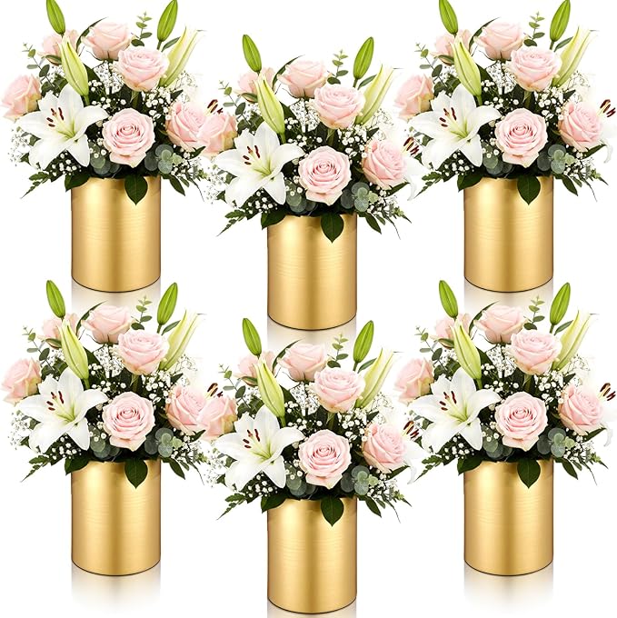 6 Pcs Small Gold Vases for Centerpieces Tall Metal Flower Trumpet Vase Vintage Compote Planter Plant Pots for Wedding Party Table Centerpiece Decorations (5.1 Inch,Cylinder)