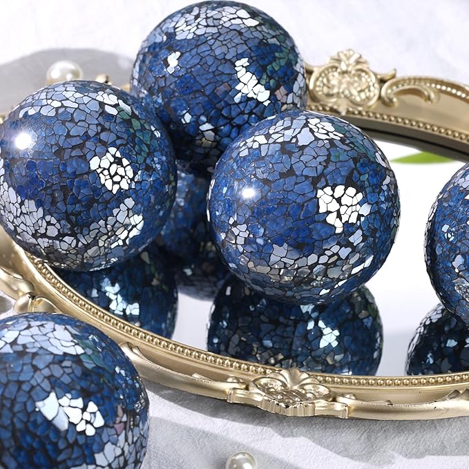 DomeStar 3PCS Decorative Balls, Mosaic Glass Orbs Centerpiece Balls 4inch Dark Blue Orbs for Decorate Bowls Vases Tables Wedding Party