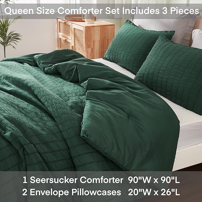 AveLom Dark Green Seersucker Queen Comforter Set (90x90 inches), 3 Pieces-100% Soft Washed Microfiber Lightweight Comforter with 2 Pillowcases, All Season Down Alternative Comforter Set for Bedding
