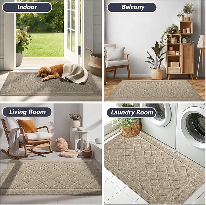 REFETONE Dirt Trapper Door Mat 24" x 36", Washable Indoor Doormat Rubber Backing Non Slip, Resist Dirt and Absorbent Entrance Mat, Low Profile Inside Floor Mats for Front Back Door and Entryway, Beige