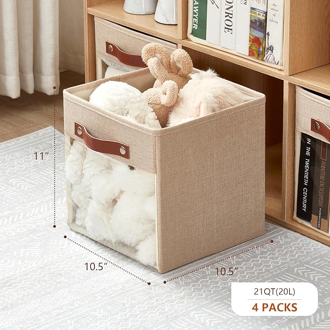 Storage Cube Organizer with Clear Window, Linen Collapsible Storage Boxes with PU Handles, Cube Storage Bins for Shelf, Closet, Cabinet, Bookcase (10.5x10.5x11, Khaki)