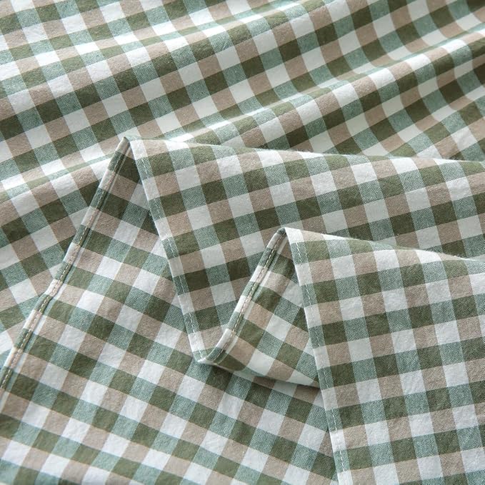 Silnuo Sage Green Plaid Bed Skirt Washed Cotton Shabby Gingham Checkered Dust Ruffle King Size 18" Bedding(1 Bed Skirt Only)