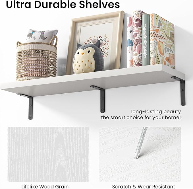 Marsmiles Extra Wide Floating Shelves for Wall, 40x8 Inch Natural Wood Grain Bookshelves, Heavy Duty Mounted Shelving for Bathroom, Kitchen, Living Room, Bedroom,Set of 2，White