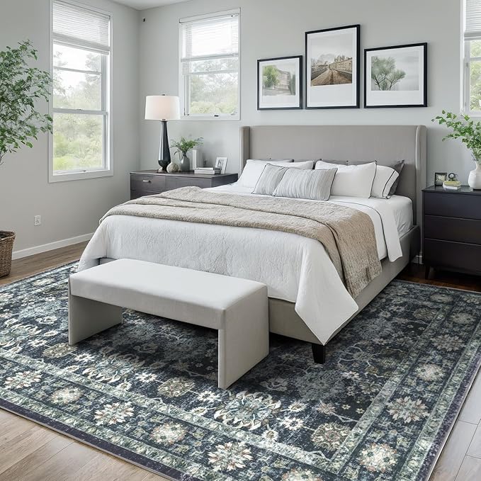 Dotiiorug Washable 8×10 Area Rug for Living Room, Vintage Floral Rug Soft Non Slip Stain Resistant Boho Carpet for Indoor Bedroom Dinning Room Home Office Blue/Navy