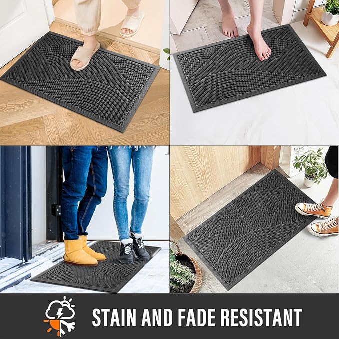 HIYARD Sturdy Front Door Mat, Absorbent Muddy Dirt Resist Welcome Door Mats Outdoor Indoor, Stain and Fade Resistant, Non-Slip Backing Entry Mat Low Profile Doormat for Entryway, 29×17, Grey