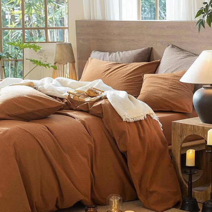 MooMee Wavy Striped Duvet Cover Set 100% Washed Cotton Linen Like Textured Breathable Durable Soft Comfy (Dark Orange, Twin 68"x90")