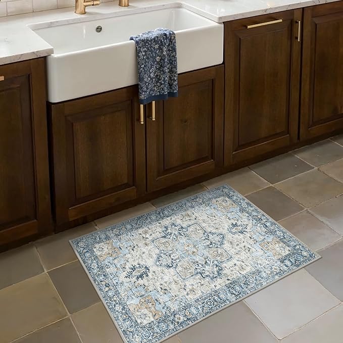 BESBLEE Area Rug 2x3 Doormat, Machine Washable Low Pile Vintage Rugs, Small Lightweight Rug Entryway Indoor Mat for Entrance, Hallway, Kitchen and Corridor, Blue
