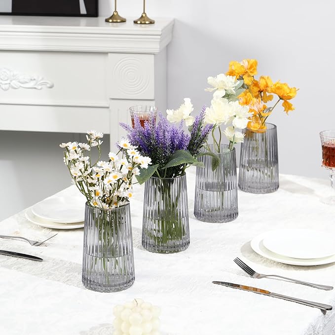 Black Glass Vases Set of 4, Small Vases for Flowers, Flower Vase for Bouquet, Modern Ribbed Glass Vase for Living Room, Bedroom, Dining Table, Office, Wedding, Centerpieces