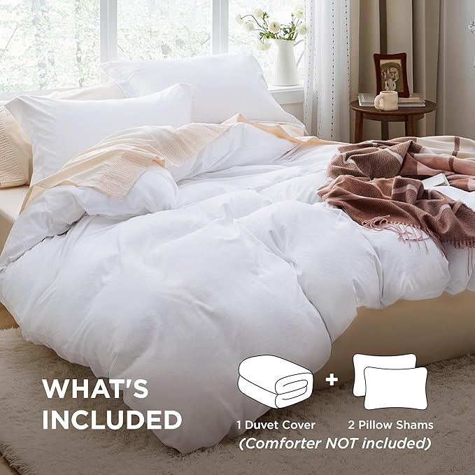 Bedsure Bright White California King Duvet Cover - Prewashed Cotton-Like Extra Soft Bedding Set, Includes 1 Cal King Duvet Cover 104x98 Inches with Zipper Closure & 2 Pillow Shams, No Comforter