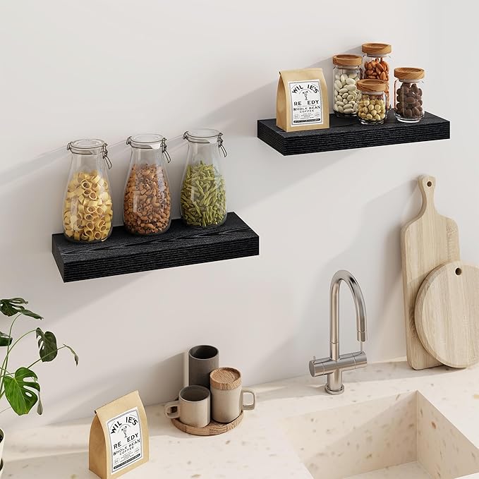 Fun Memories Floating Shelves for Wall, 20Inch Floating Shelves Set of 2, Hanging Shelf with Invisible Brackets, Wood Shelves for Living Room, Bedroom, Kitchen, Black