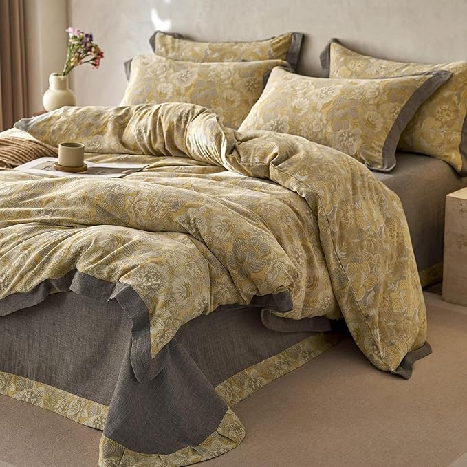 LifeTB Golden Floral Jacquard Duvet Cover Queen 3 Pieces Cotton Yarn-Dyed Textured Duvet Cover Vintage Flower Comforter Cover with Edge Design Boho Floral Bedding Duvet Cover with 2 Pillowcases