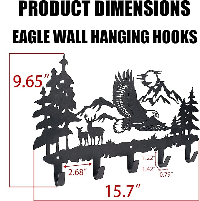 Metal Eagle Hooks Wall Art Decor-Eagle Hangers and Key Holder-Animal Theme Hooks Sweet Home Decor for Storage, Living Room, Hallway, Office (Black)