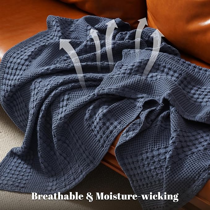 PHF 100% Cotton Waffle Weave Blanket Twin Size for Bed, Soft Lightweight & Breathable, All-Season Comfort, 300 GSM Luxury Aesthetic Blanket for Home Decor, 66"x90", Indigo