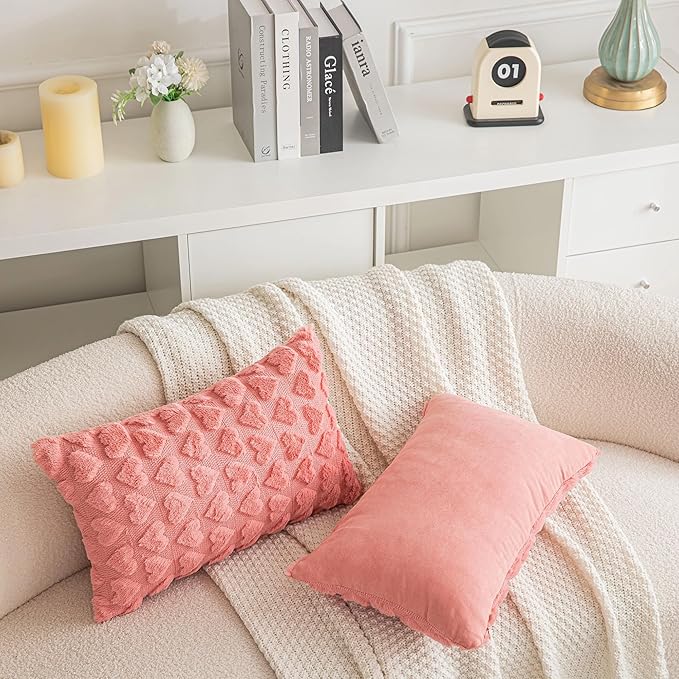 AQOTHES Set of 2 Heart Love Cute Coral Red Decorative Valentines Throw Pillow Covers 12x20, Soft Plush Faux Fur Pillow Covers for Couch Sofa Home Valentines Day Decoration