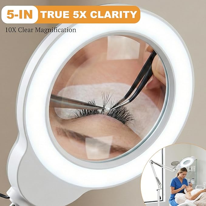 Professional Magnifying Lamp with UV Light, 5X Optical Glass Lens, Adjustable LED Brightness, 360° Swivel Wheels, Extendable Arm, Ideal for Detail Work by Tattoo Artists, Lash Extension Experts