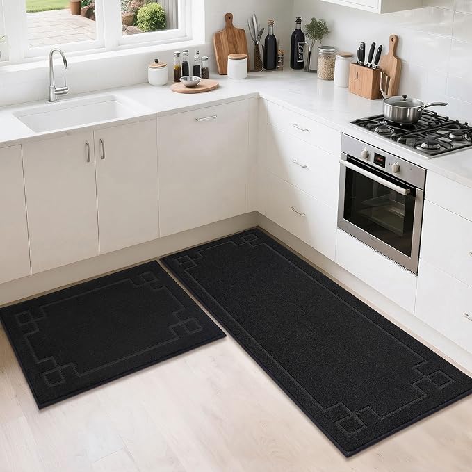 BEQHAUSE Kitchen Rugs Non-Slip Washable Rug Sets of 2, Machine Washable Kitchen Mats Absorbent Soft Kitchen Runner Rugs for Floor,Sink,Hallway,Laundry,24”x36”+24”x60”, Black